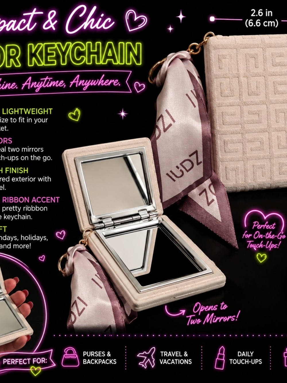Compact Beige Velvet Two-Mirror Keychain Pocket Mirror with Pink Ribbon
